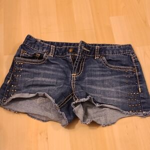 Cache Distressed Blue Jean Shorts with Stud Details